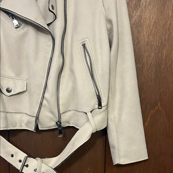 Zara Off-White Faux Suede Biker Jacket Large - Picture 7 of 11